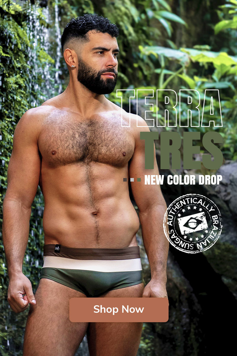 Brazil's most popular swim brief collection, Tricolors, has a new addition, the terra tres. A triple threat of earth tones. This sunga is straight from the Amazon.
